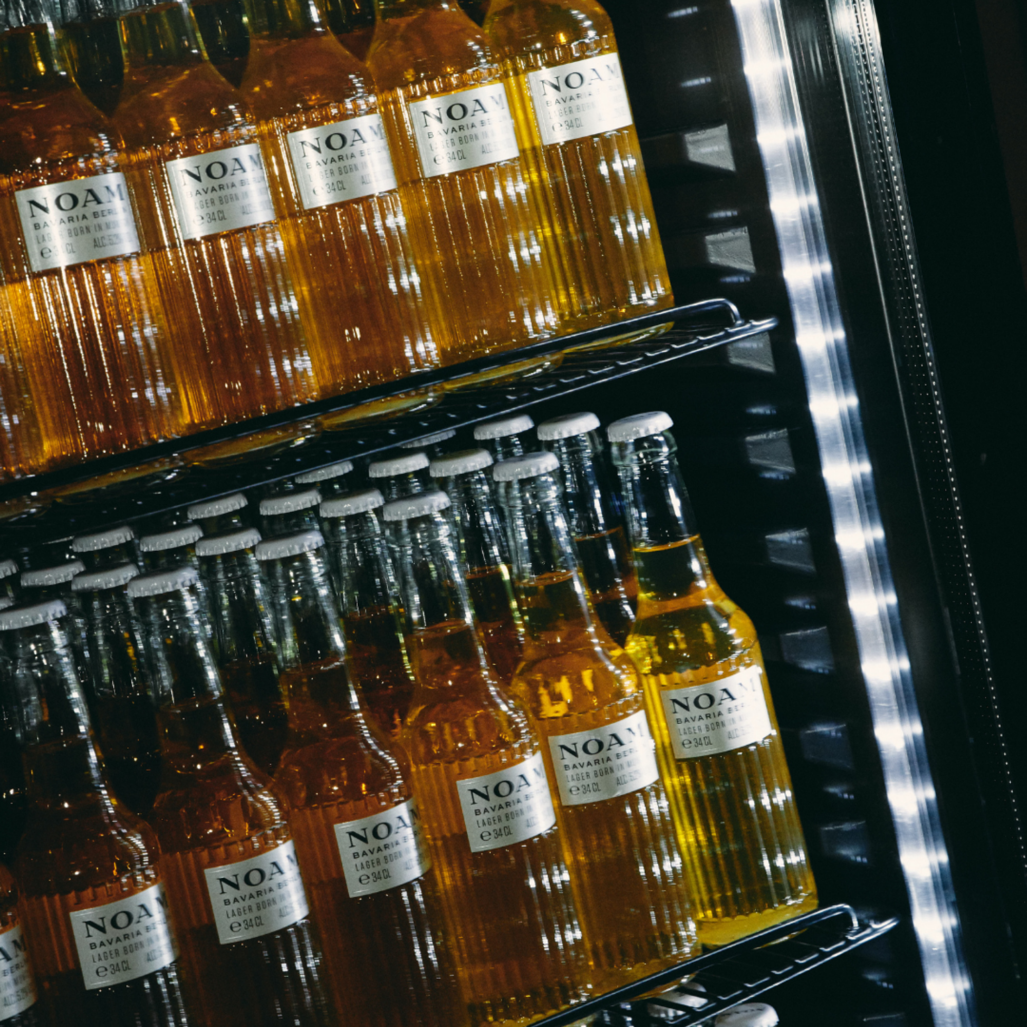 Bottles of NOA whiskey in a refrigerator