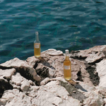Two bottles of beer on a rocky outcrop with water in the background