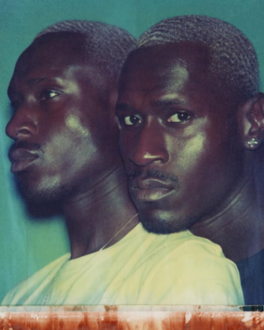 Two portraits of a man with a green background