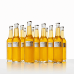 Multiple clear glass bottles filled with amber-colored beer, labeled NOAM, arranged in a row.