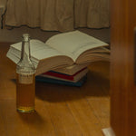 Open book with a NOAM Lager Beer, on a wooden surface.
